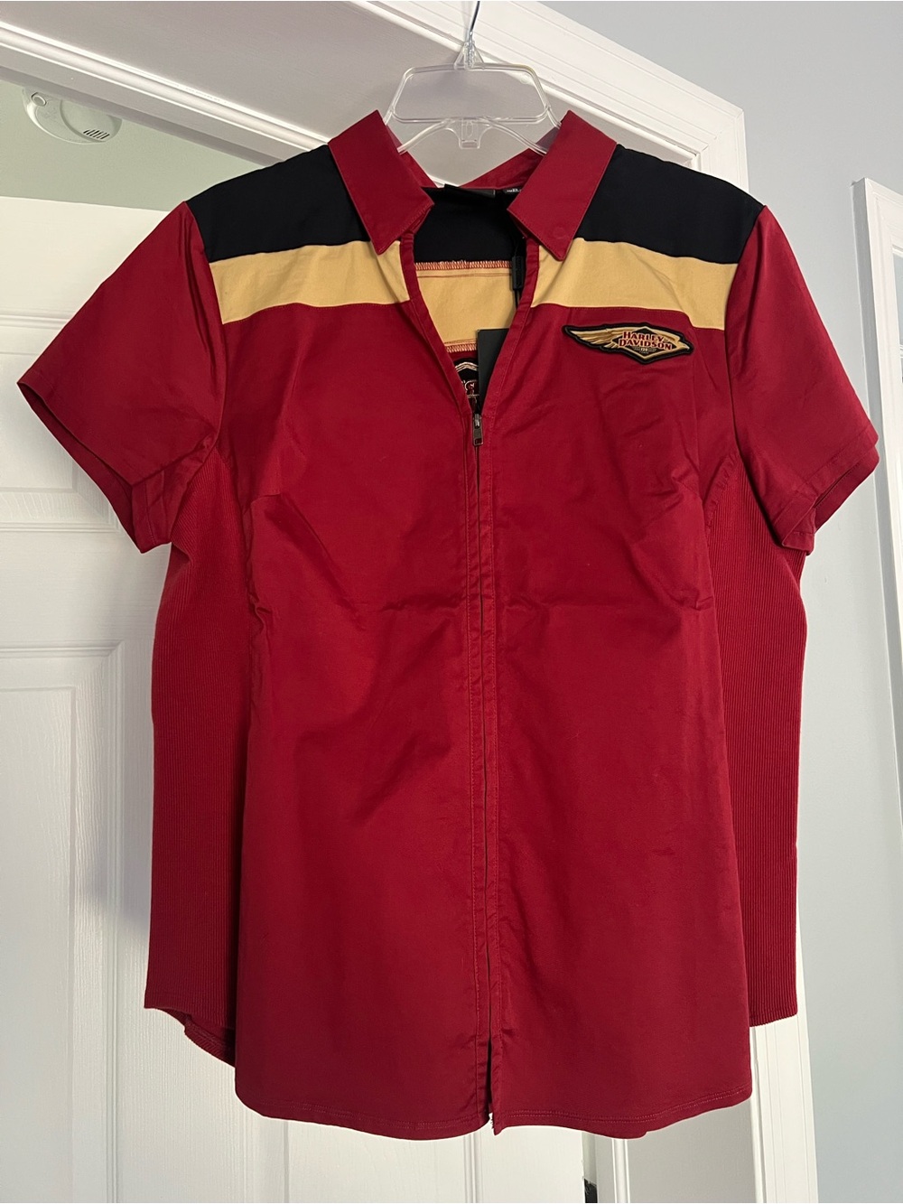 Harley Davidson Red Zip-Front Short Sleeve Shirt with Gold & Black Accents
